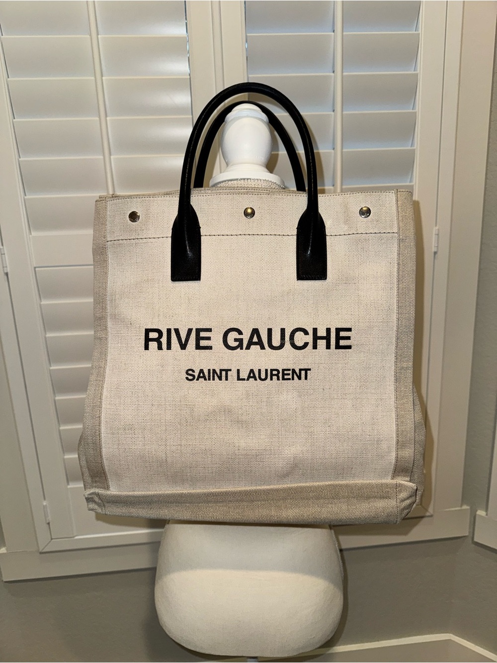 Saint Laurent Beige Canvas Rive Gauche Tote with Black Handles